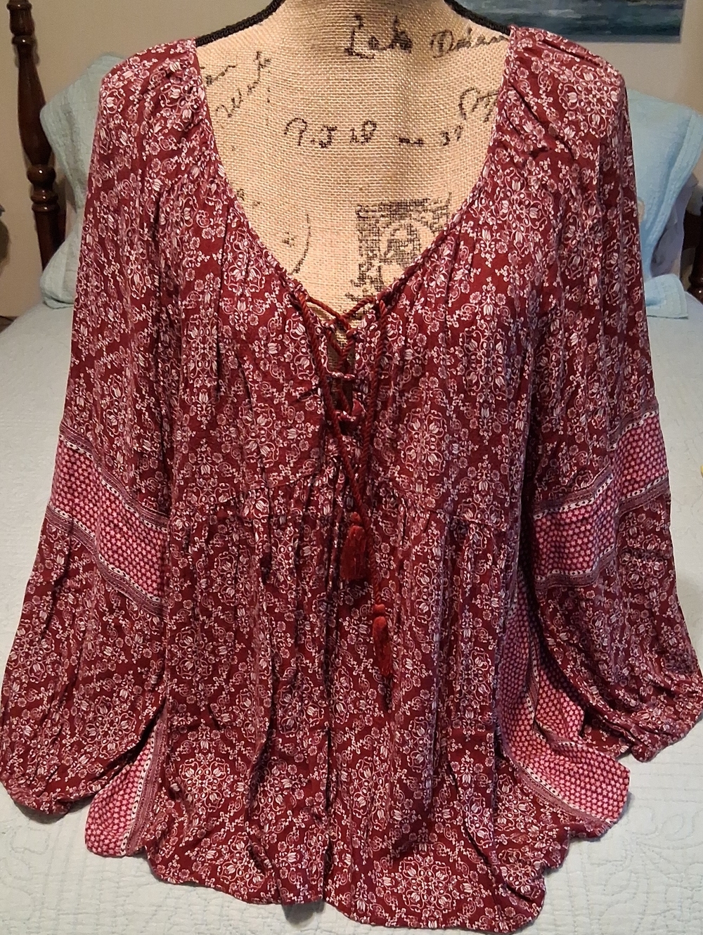 American Eagle Outfitters Burgundy Boho Lace-Up Peasant Tunic